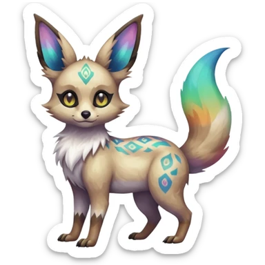 Rare iridescent white exotic epic aesthetic colorful Trico-Eevee-Genet-species-Fakemon-hybrid-creature, with intricate tattoo markings, full body sticker