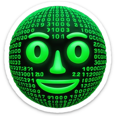 Futuristic 3D emoji made of glowing green Matrix code, digital rain background, cyberpunk neon glow, dark black backdrop, minimalist rounded face, high contrast, cinematic lighting, ultra-sharp, high resolution. sticker