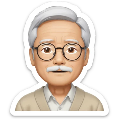 _cinematic-realistic-portrait-of-hayao-miyazaki,-depicted-with--large-rectangular-glasses,-his-happy-expression-rendered-in-lifelike-detail,-illuminated-with-soft,-realistic-lighting-that-emphasizes-his-creative-genius, his eyes shut   sticker