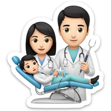 olive skin dentist with black hair holding dental tools, patient in chair sticker