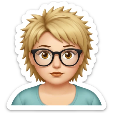  plus size white women with short medium brown and blonde shaggy spiked hair wearing glasses with hazel color eyes and flat nose sticker
