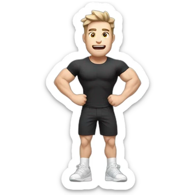 amazed Open with surprise mouth Pale skinned Fit Man With the biceps and dark brown hair in black shirt, gray sports shorts and white Sneakers sticker
