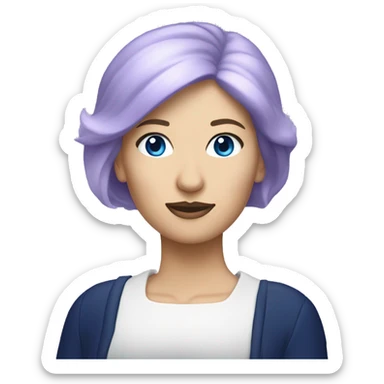 White woman with blue eyes driving navy blue convertible Mini Cooper, with short, lilac colored haired sticker
