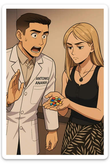fai un webtoon/manga a colori con questo kinesiologo in camice bianco (fagli la scritta "ANTONIO ANANIA" SUL CAMICE) CHE PARLA CON QUESTA RAGAZZA. LA RAGAZZA HA UN PUGNO DI INTEGRATORI IN MANO (TANTE PILLOLE DIVERSE) E LE GUARDA DUBBIOSA. IL KINESIOLOGO CON IL CAMICE BIANCO LE DOMANDA UNA COSA SCIOCCATO. NON FARE I FUMETTI, FAI SOLO LORO COME SE DIALOGASSERO sticker