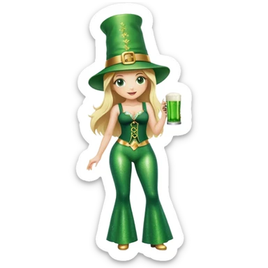 Blonde haired pretty woman in glittery green bell bottoms and tall leprechaun hat holding a green beer sticker