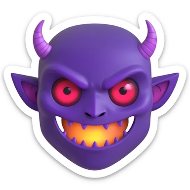 purple demon bot face only, mischievous grin, glowing eyes, small fangs, round shape, 3D look sticker