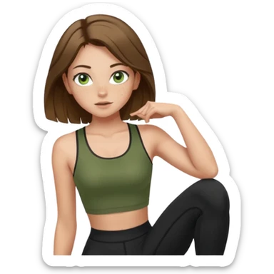 Girl with green eyes, brown hair shoulder length, light skin, and freckles wearing an olive green crop top with black leggings working out, she has light gorgeous lashes sticker
