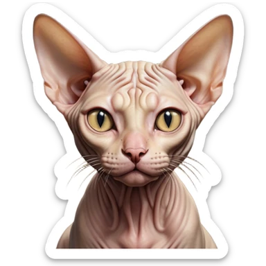 Cinematic Meme-Worthy Grumpy Sphynx Cat Portrait Emoji, Head held high but eyes filled with dramatic disappointment, hairless, wrinkled skin forming deep furrows of discontent, large ears positioned like tiny radar dishes of judgment, signature scowling mouth and narrowed eyes radiating pure disapproval, Simplified yet hilariously over-exaggerated features, highly detailed, glowing with an aura of supreme annoyance, high shine, exhausted yet judgmental, stylized with an almost regal pettiness, bright but brooding, soft glowing outline, capturing the essence of a feline that has seen it all and is thoroughly unimpressed, so meme-worthy it feels like it could instantly become the next viral sensation of grumpiness! sticker