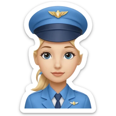 Create an emoji of a female flight attendant with blonde hair tied up, wearing alight blue flight attendant hat and a blue flight attendant uniform. sticker