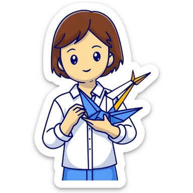 Happy Ukrainian young girl with brown hair in a white embroidered shirt holds an origami yellow and blue crane sticker