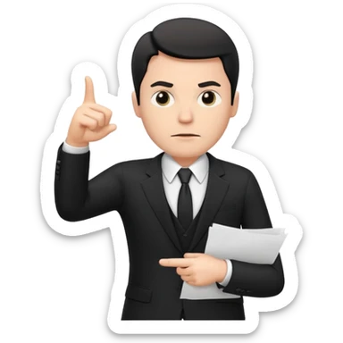 A white man in a black suit stands with a serious face and points at his hand holding papers. sticker