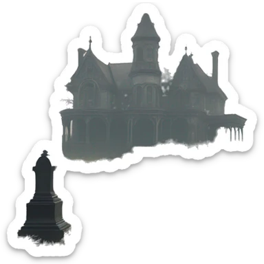 Large overgrown Haunting graveyard field at Victorian mansion at noon, light fog sticker