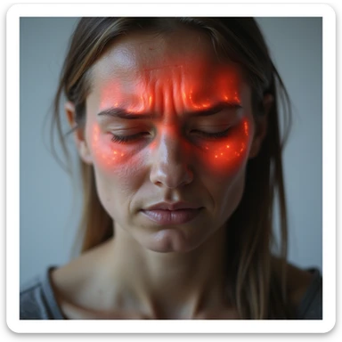 close-up of a woman's head, forehead and temples area with glowing red effect, pain expression, realistic style, light background sticker
