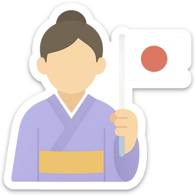 person in a traditional Japanese kimono holding the flag of Japan, color icon sticker