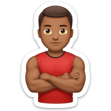 apple stylized emoji of a strong man, his arms crossed, white bg, he's in a red tee shirt sticker