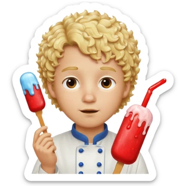 boy blonde curly hair, chef, eating ice pop sticker