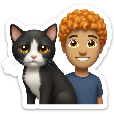 Standing guy with short black  curly hair holding a orange cat sticker