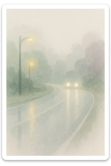 a rainy road at night, watercolor style, soft colors, blurred edges, glowing lights sticker