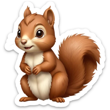 Cinematic Cute Squirrel Portrait Emoji, Head tilted playfully and inquisitively, featuring a fluffy, vibrant auburn Fur with a delicate cream belly and a bushy tail, round, sparkling eyes filled with curious mischief, Simplified yet irresistibly adorable features, highly detailed, glowing with a warm, friendly glow, high shine, affectionate and lively, stylized with a touch of woodland whimsy, bright and endearing, soft glowing outline, capturing the essence of a mischievous yet loving squirrel, so playful it feels like it could leap out of the screen and into your arms! sticker