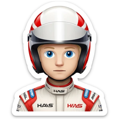 Kevin Magnussen, Formula 1 driver for Haas team, with blue eyes, wearing white and red Haas racing suit and helmet sticker