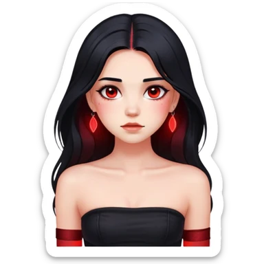 Girl with black hair with red underlights and frontlights hair. Long hair. Black strapless crop top. Very elegant. Skinny face with birthmark under left cheek. Without jewerly. sticker