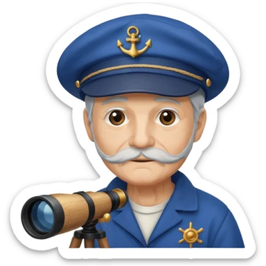 old sailor wearing a blue cap with a telescope sticker