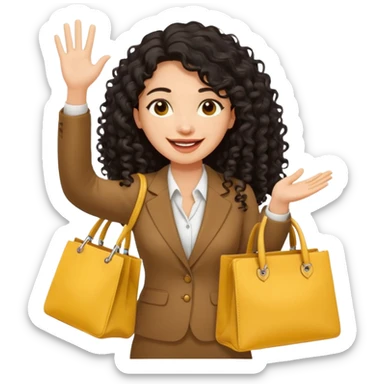 medium deep tan brown business woman with long black curly hair, waving hand with happy face with smile mouth and carrying bag on her shoulder and the other hand holding yellow stanley tumblr sticker
