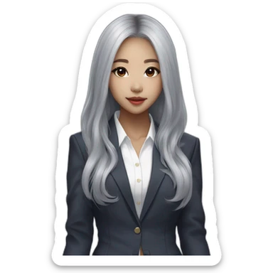 blasian girl, long grey hair, kpop idol, standing, pretty girl, very hot girl, korean american, all her body, standing posture straight, suit  sticker