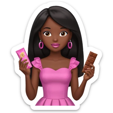 Black barbie, long black  hair, pink dress eating chocalate bar sticker