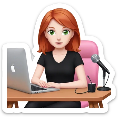 Redhead with green eyes sat at desk with pink MacBook and  podcast microphone black top and pink chair  sticker