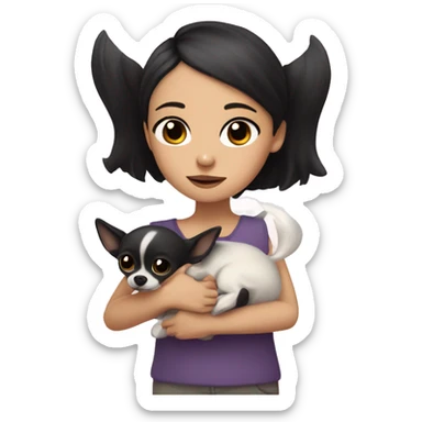 A girl with dark hair and dark eyes and a white chihuahua in her arms and they cuddled  sticker