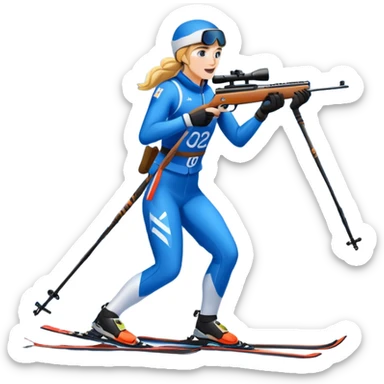 An icon showing a biathlete skiing on a snow-covered Olympic track with a rifle on their back. Cheering fans fill the stands. Majestic mountains, snowy trees, and a bright blue sky complete the scenic winter landscape. Transparent background captures the spirit of biathlon. sticker