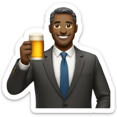 smiling man in formal attire holding a beer sticker