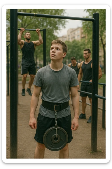 Giovane atleta neofita, fisico normale e non ancora sviluppato, si allena per la prima volta in uno spazio urbano per streetlifting: sbarra per trazioni, parallele, e pesi appesi alla cintura. L’ambiente è un parco cittadino o un’area outdoor sportiva, con luce naturale. L’atleta guarda la sbarra con determinazione e un po’ di insicurezza, ma con forte motivazione. Intorno, altri atleti più esperti. Stile realistico, atmosfera motivazionale, toni energici ma credibili, senso di inizio di un percorso sticker
