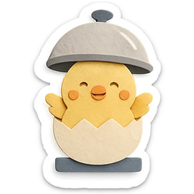 cute chick emerging from an egg cooker lid, smiling, soft yellow colors, full-body sticker