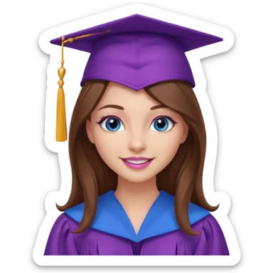 girl with gorgeous long brown hair, blue eyes, long lashes makeup, sexy pink lips, wearing a purple graduation cap and gown sticker
