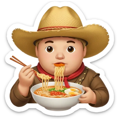 fat cowboy with a big hat eating ramen sticker