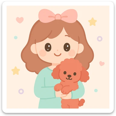a cute woman with a red toy poodle, charming and friendly, soft colors, simple background sticker
