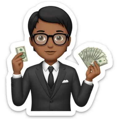 Rich man holding money with his left hand, wearing suit and glasses black hair, brown skin sticker