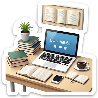 Computer on a desk with scattered books and notebooks and text "Ожидайте пользователь, делает все через AI" sticker