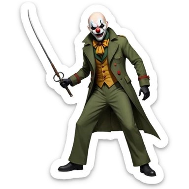 evil clown, bald, small black horns on forehead, fangs, pointed ears, eye patch over one eye, long coat over black and military green leisure suit with bellbottom pants, tail, holding an Indiana Jones-style whip, realistically proportioned, less bulky, full body, battle-ready, fighting posture sticker