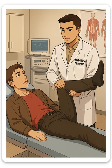 fai un webtoon manga a colori con questo stile, in cui un uomo è steso sul lettino medico e il kinesiologo con il camice bianco (fagli anche la scritta "ANTONIO ANANIA" SUL CAMICE, gli solleva una gamba per fargli il test neuromuscolare, IL KINESIOLOGO SPIEGA ALL'UOMO UNA cosa mentre gli alza la gamba. non fare i fumetti però, fai solo in modo che sembri stiano parlando sticker