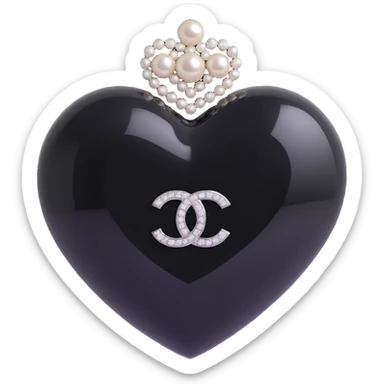 Add a diamond accent to the glossy black heart with pearls and silver Chanel logo, keep the background transparent, elegant, black and white color scheme, 3D emoji style. sticker