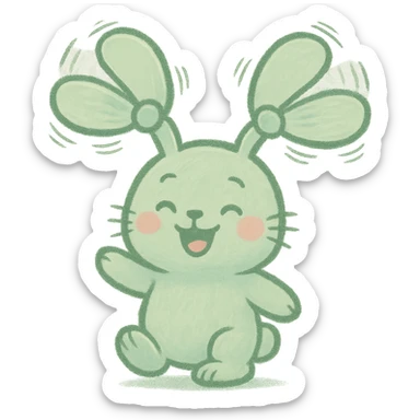 pastel green bunny with fan blades for ears, spinning, cheerful expression, full-body sticker
