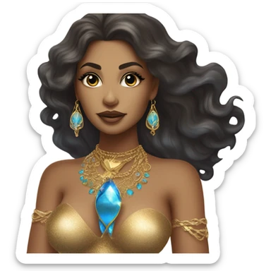 Divine feminine luxurious, sensual mermaid siren, bronze tan famous singer dark hair gold jewelry blue jewelry 9th dimension  sticker