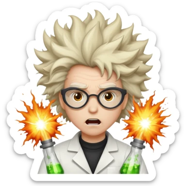 A mad scientist was crazy hair and an explosion sticker