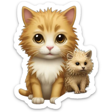 a small kitten with a bow and a large hedgehog with a laptop sticker