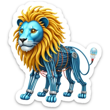 A high-tech lion made of electric wires and cables with rubber scales that reveal its electric skeleton, possessing both jellyfish-like tendrils and the ability to generate electrical pulses that illuminate the ocean depths. sticker