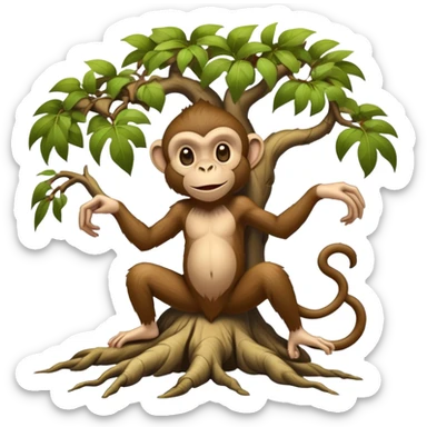 A mythical being standing on human feet with gnarly tree roots for legs and a playful monkey face sticker