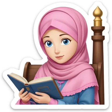Turkish beautiful finish Konya girl blue eyes with denim and pink hijab islamic dress and reading cozy sticker